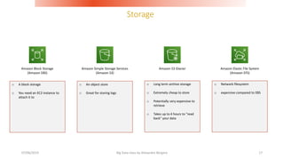 Storage
07/06/2019 Big Data class by Alexandre Bergere 17
o A block storage
o You need an EC2 instance to
attach it to
Amazon Block Storage
(Amazon EBS)
Amazon Simple Storage Services
(Amazon S3)
Amazon S3 Glacier
o An object store
o Great for storing logs
Amazon Elastic File System
(Amazon EFS)
o Long term archive storage
o Extremely cheap to store
o Potentially very expensive to
retrieve
o Takes up to 4 hours to "read
back" your data
o Network filesystem
o expensive compared to EBS
 