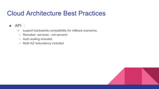 Cloud Architecture Best Practices
● API :
○ support backwards compatibility for rollback scenarios.
○ Remeber: services - ...
