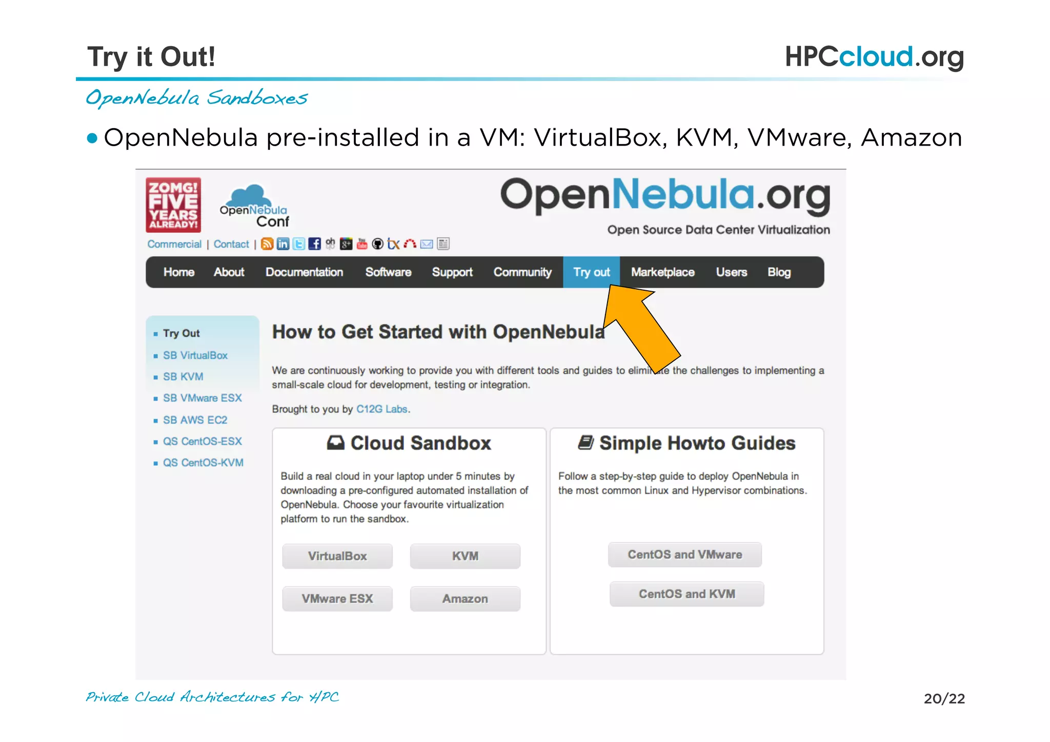 20/22Private Cloud Architectures for HPC!
Try it Out!
OpenNebula Sandboxes!
● OpenNebula pre-installed in a VM: VirtualBox, KVM, VMware, Amazon
 
