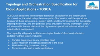 Topology and Orchestration Specification for 
Cloud Applications - TOSCA 
TOSCA will enable the interoperable description of application and infrastructure 
cloud services, the relationships between parts of the service, and the operational 
behavior of these services (e.g., deploy, patch, shutdown) independent of the supplier 
creating the service, and any particular cloud provider or hosting technology. TOSCA 
will also enable the association of that higher-level operational behavior with cloud 
infrastructure management. 
This capability will greatly facilitate much higher levels of cloud service/solution 
portability without lock-in, including: 
● Portable deployment to any compliant cloud 
● Easier migration of existing applications to the cloud 
● Flexible bursting (consumer choice) 
● Dynamic multi-cloud provider applications 
 