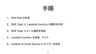 手順
1. IAM Role の作成
2. SNS Topic と Lambda Function の雛形を作成
3. SNS Topic にメール通知を実装
4. Lambda Function を実装、テスト
5. Lambda の Event Source にタイマーを設定
30
 