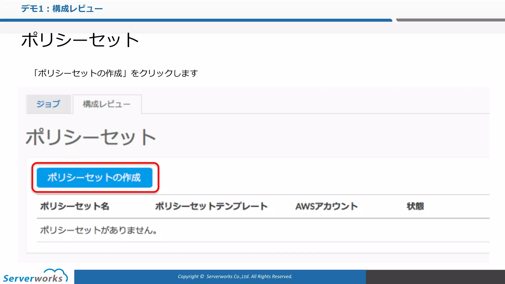 Copyright	©		Serverworks Co.,Ltd.	All	Rights	Reserved.	
デモ1：構成レビュー
ポリシーセット
「ポリシーセットの作成」をクリックします
 