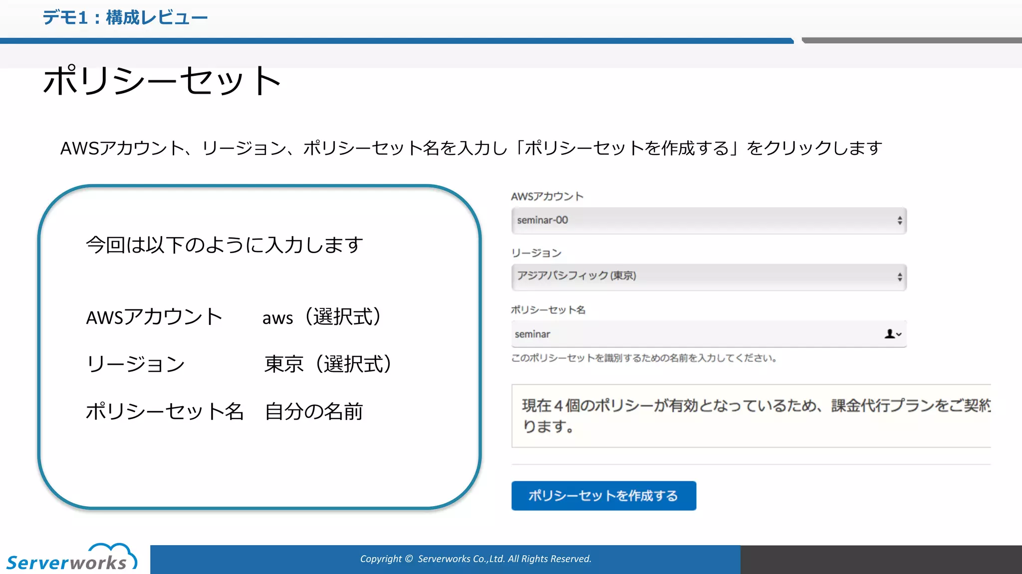 Copyright	©		Serverworks Co.,Ltd.	All	Rights	Reserved.	
デモ1：構成レビュー
ポリシーセット
AWSアカウント、リージョン、ポリシーセット名を⼊⼒し「ポリシーセットを作成する」をクリックします
今回は以下のように⼊⼒します
AWSアカウント aws（選択式）
リージョン 東京（選択式）
ポリシーセット名 ⾃分の名前
 