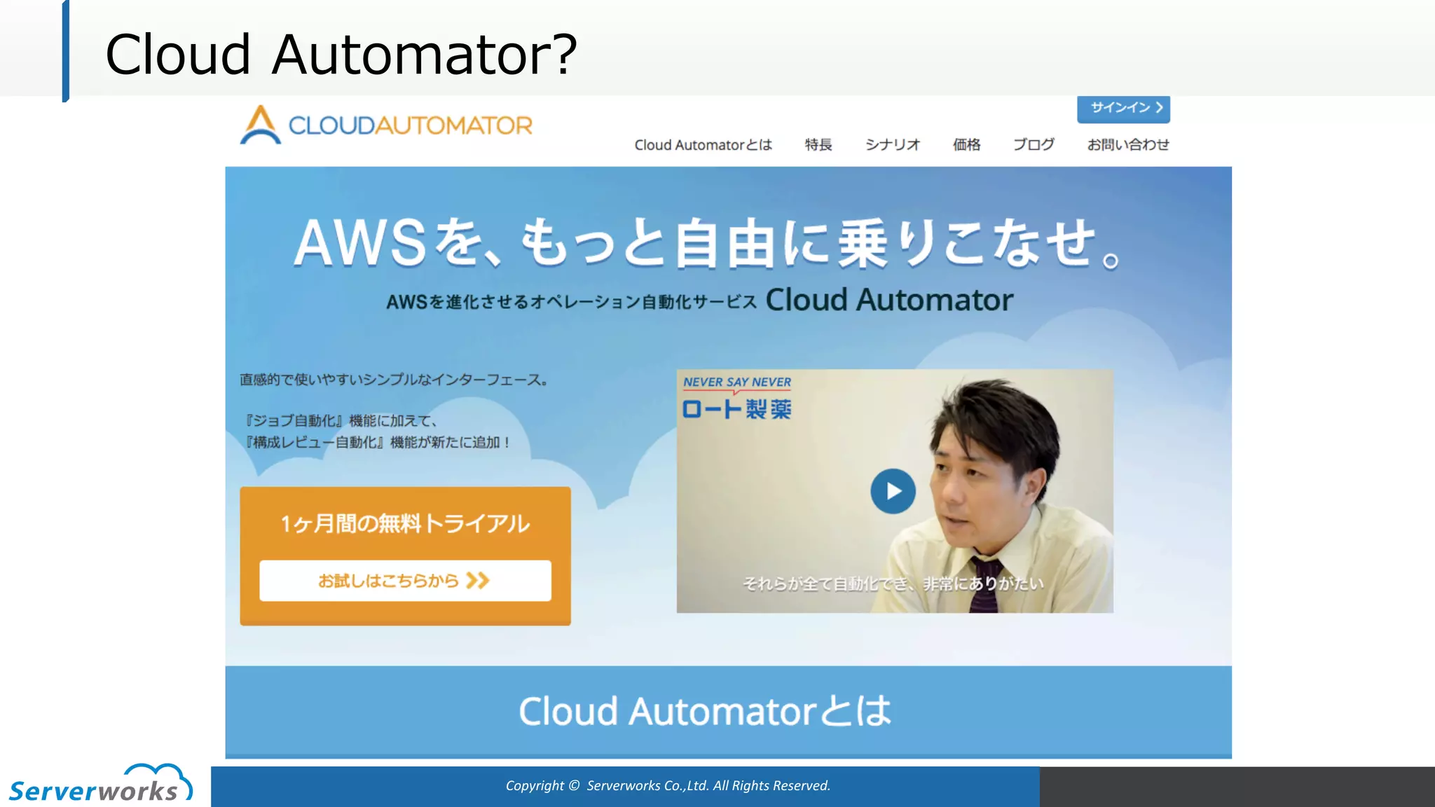 Copyright	©		Serverworks Co.,Ltd.	All	Rights	Reserved.	
Cloud Automator?
 