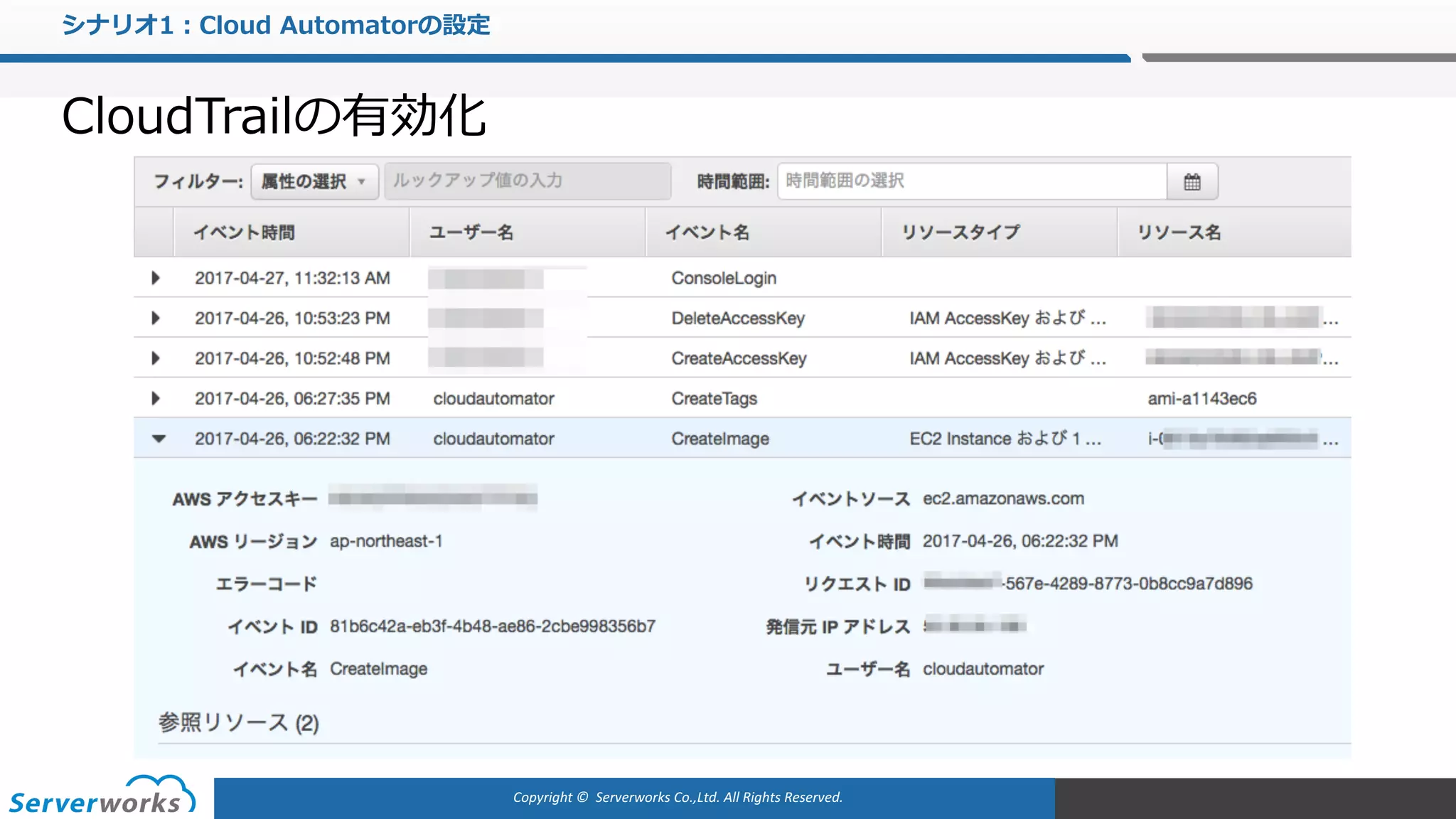 Copyright	©		Serverworks Co.,Ltd.	All	Rights	Reserved.	
シナリオ1：Cloud Automatorの設定
CloudTrailの有効化
 