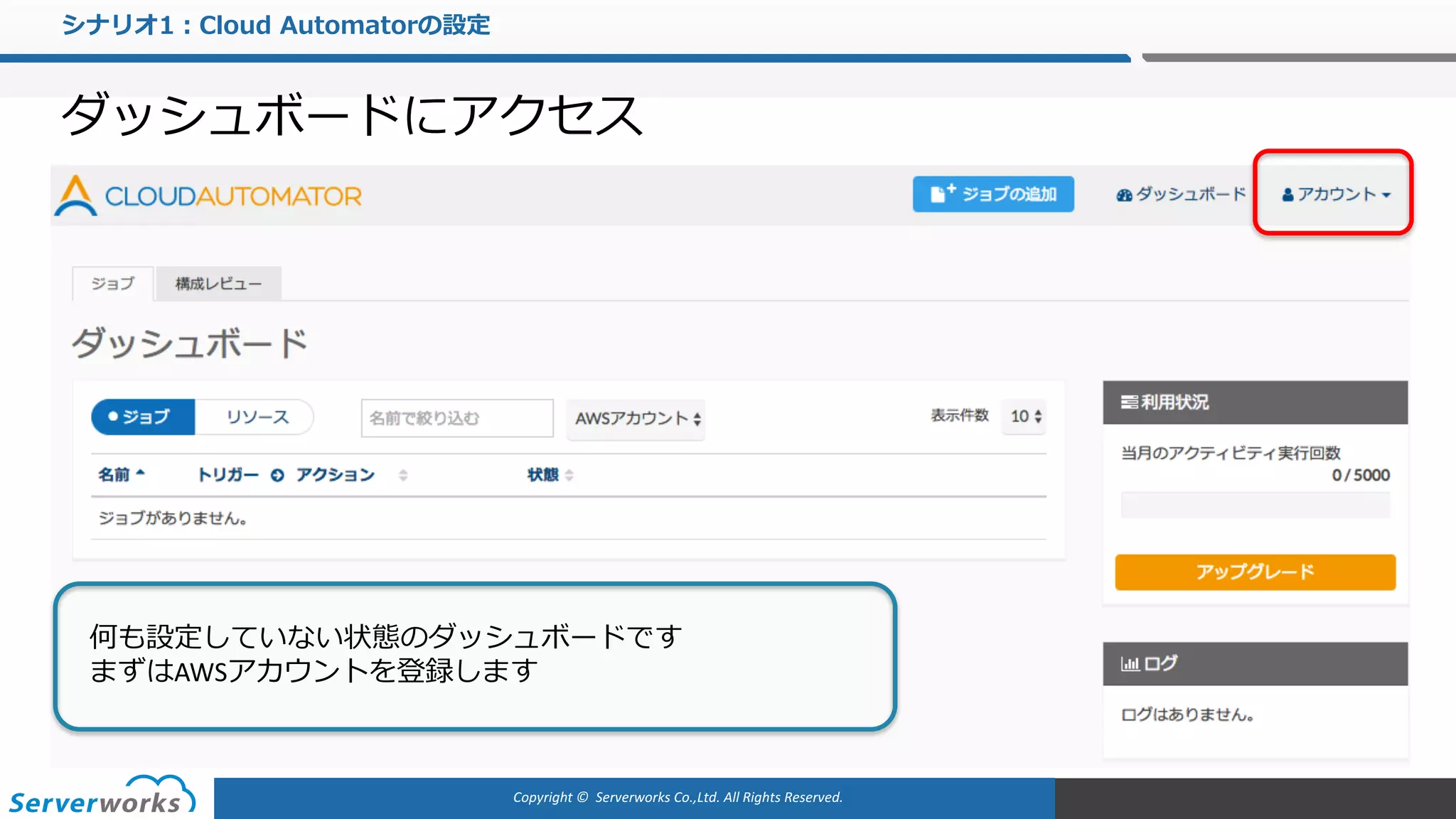 Copyright	©		Serverworks Co.,Ltd.	All	Rights	Reserved.	
シナリオ1：Cloud Automatorの設定
ダッシュボードにアクセス
何も設定していない状態のダッシュボードです
まずはAWSアカウントを登録します
 