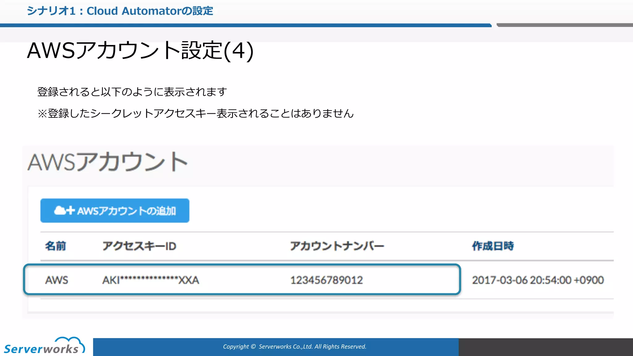 Copyright	©		Serverworks Co.,Ltd.	All	Rights	Reserved.	
シナリオ1：Cloud Automatorの設定
AWSアカウント設定(4)
登録されると以下のように表⽰されます
※登録したシークレットアクセスキー表⽰されることはありません
 