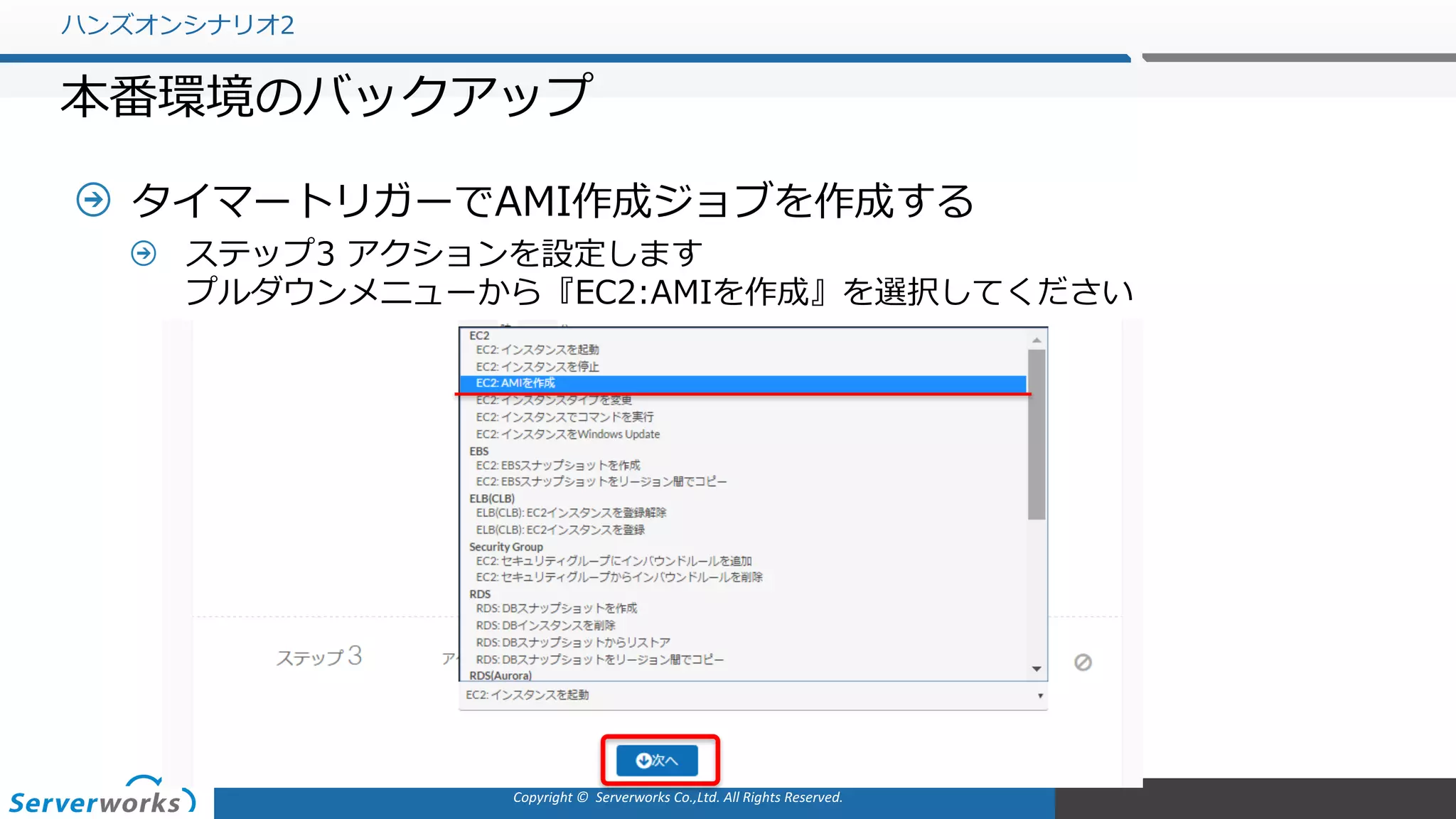 Copyright	©		Serverworks Co.,Ltd.	All	Rights	Reserved.	
タイマートリガーでAMI作成ジョブを作成する
ステップ3 アクションを設定します
プルダウンメニューから『EC2:AMIを作成』を選択してください
ハンズオンシナリオ2
本番環境のバックアップ
 
