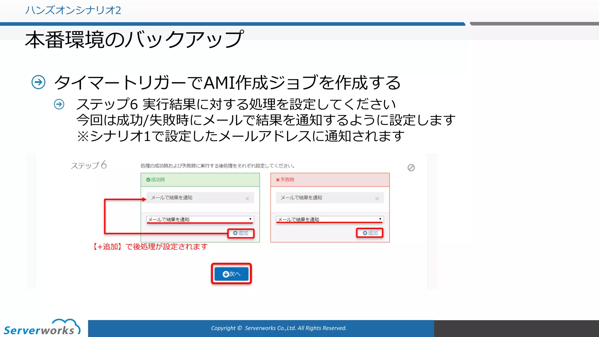 Copyright	©		Serverworks Co.,Ltd.	All	Rights	Reserved.	
タイマートリガーでAMI作成ジョブを作成する
ステップ6 実⾏結果に対する処理を設定してください
今回は成功/失敗時にメールで結果を通知するように設定します
※シナリオ1で設定したメールアドレスに通知されます
ハンズオンシナリオ2
本番環境のバックアップ
【+追加】で後処理が設定されます
 