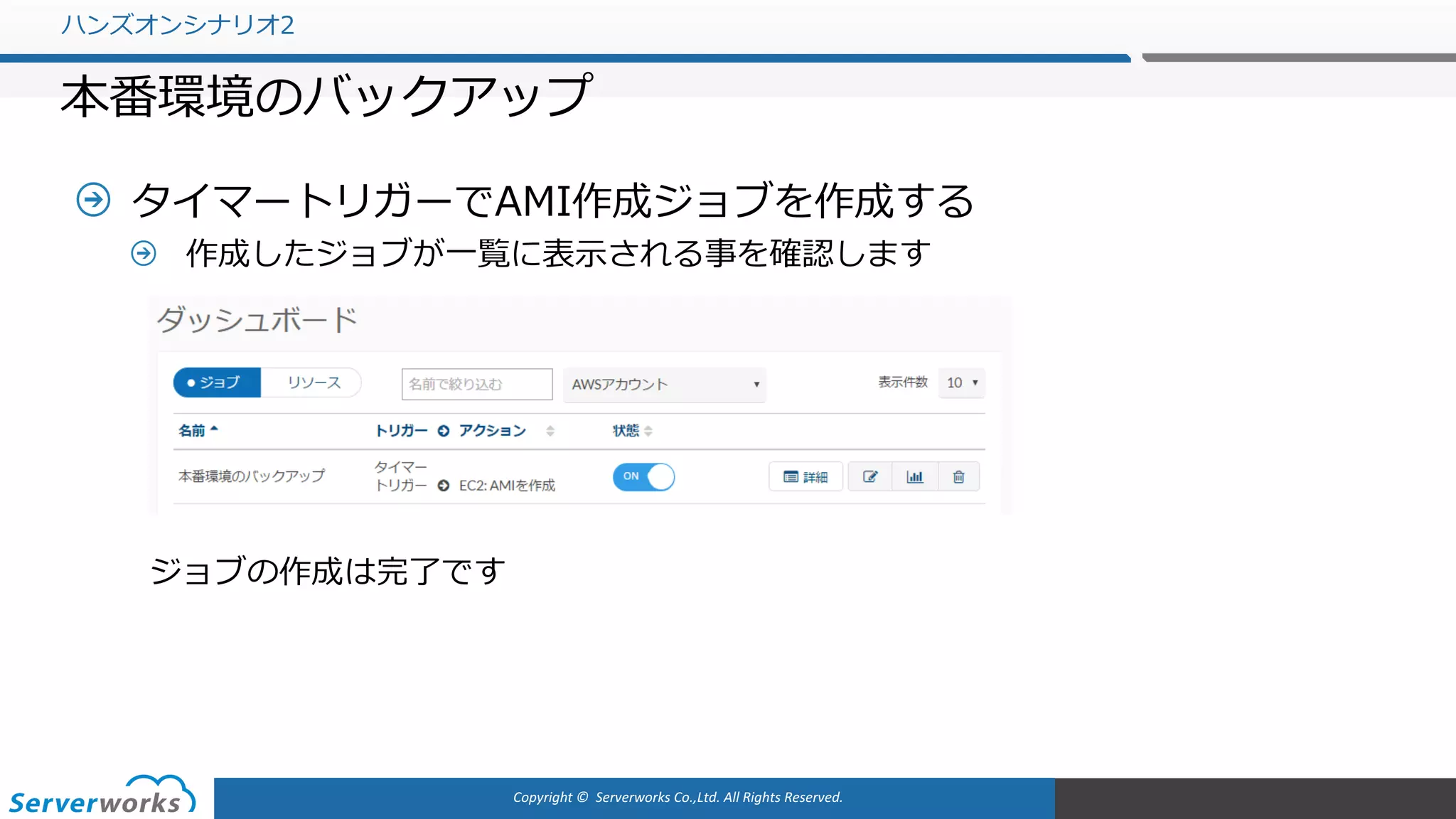 Copyright	©		Serverworks Co.,Ltd.	All	Rights	Reserved.	
タイマートリガーでAMI作成ジョブを作成する
作成したジョブが⼀覧に表⽰される事を確認します
ジョブの作成は完了です
ハンズオンシナリオ2
本番環境のバックアップ
 
