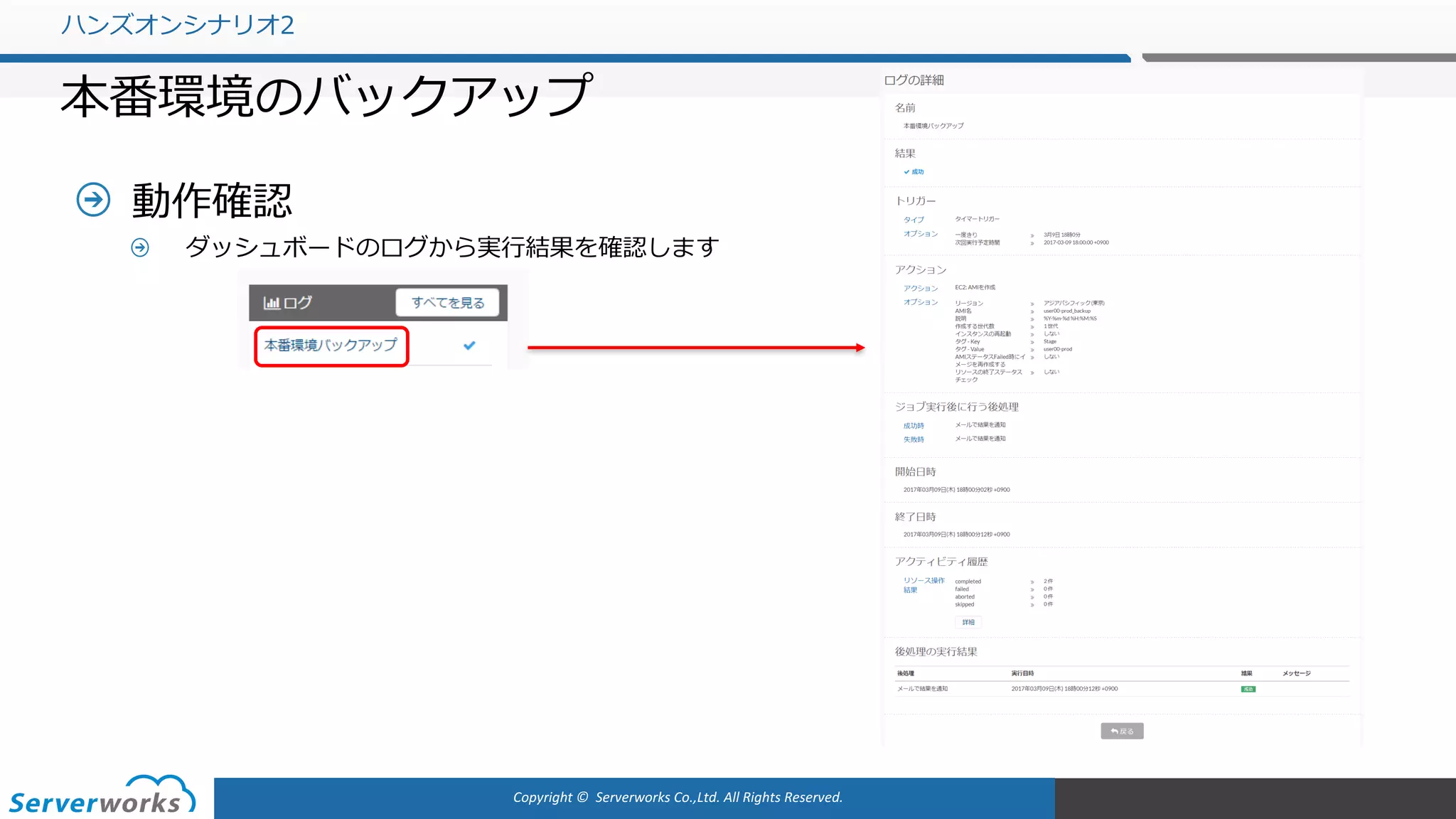 Copyright	©		Serverworks Co.,Ltd.	All	Rights	Reserved.	
動作確認
ダッシュボードのログから実⾏結果を確認します
ハンズオンシナリオ2
本番環境のバックアップ
 