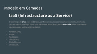 Modelo em Camadas
IaaS (Infrastructure as a Service)
O cliente pode criar suas instâncias, configurar recursos como armazenamento, memória,
processadores, tráfego, rede, load balancers. Além disso possui controle sobre os sistemas
operacionais e aplicativos instalados.
- Amazon AWS;
- Azure;
- Rackspace;
- Cloudstack;
- Digital Ocean;
- Openstack.
 