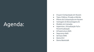 Agenda:
● O que é Computação em Nuvem
● Tipos: Pública, Privada e Híbrida
● Pilares da Computação em Nuvem
● Vantagens & Desvantagens [?]
● Modelo em Camadas
● Hypervisor, Virtualização Full e
Paravirtualização
● Infraestrutura AWS
● Segurança AWS
● Serviços AWS
● Demo EC2
● Demo Beanstalk
 