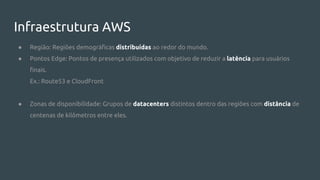 Infraestrutura AWS
● Região: Regiões demográficas distribuídas ao redor do mundo.
● Pontos Edge: Pontos de presença utilizados com objetivo de reduzir a latência para usuários
finais.
Ex.: Route53 e CloudFront
● Zonas de disponibilidade: Grupos de datacenters distintos dentro das regiões com distância de
centenas de kilômetros entre eles.
 