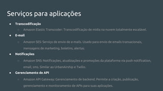 Serviços para aplicações
● Transcodificação
○ Amazon Elastic Transcoder: Transcodificação de mídia na nuvem totalmente escalável.
● E-mail
○ Amazon SES: Serviço de envio de e-mails. Usado para envio de emails transacionais,
mensagens de marketing, boletins, alertas.
● Notificações
○ Amazon SNS: Notificações, atualizações e promoções da plataforma via push notification,
email, sms. Similar ao UrbanAirship e Twilio.
● Gerenciamento de API
○ Amazon API Gateway: Gerenciamento de backend. Permite a criação, publicação,
gerenciamento e monitoramento de APIs para suas aplicações.
 