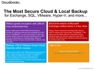The Most Secure Cloud & Local Backup
for Exchange, SQL, VMware, Hyper-V, and more...
Military-grade encryption with 256-bit
truly randomized key

Brick-level restore of Microsoft
Exchange mailbox items in a few clicks

Need a bullet-proof online/offsite/remote backup
solution for backing up servers and workstations to the
cloud? CloudBacko™ is your only choice! It is the only
backup solution that can encrypt everything with a 256bit truly randomized key, including all the data and
file/folder names. No one, not even NSA, is able to read
your data.

Always need to restore the full Information Store in
order to restore just a few emails? CloudBacko™ will
make your life easier with the "brick-level" restore.
Simply browse and click the required emails with a
Windows File Explorer-like interface and the emails can
be restored with a click.

Backup 1TB of VMware Guest Virtual
Machine within minutes

Take a tour

Always have problem with VMware backup because the
guest virtual machines are too large? CloudBacko™
utilizes VMware VDDK which allows super fast
incremental backup of guest virtual machines.
Incremental backup for a 1TB guest virtual machine can
be finished within minutes.

Visit our YouTube channel:
http://www.youtube.com/user/CloudBacko

www.cloudbacko.com

 