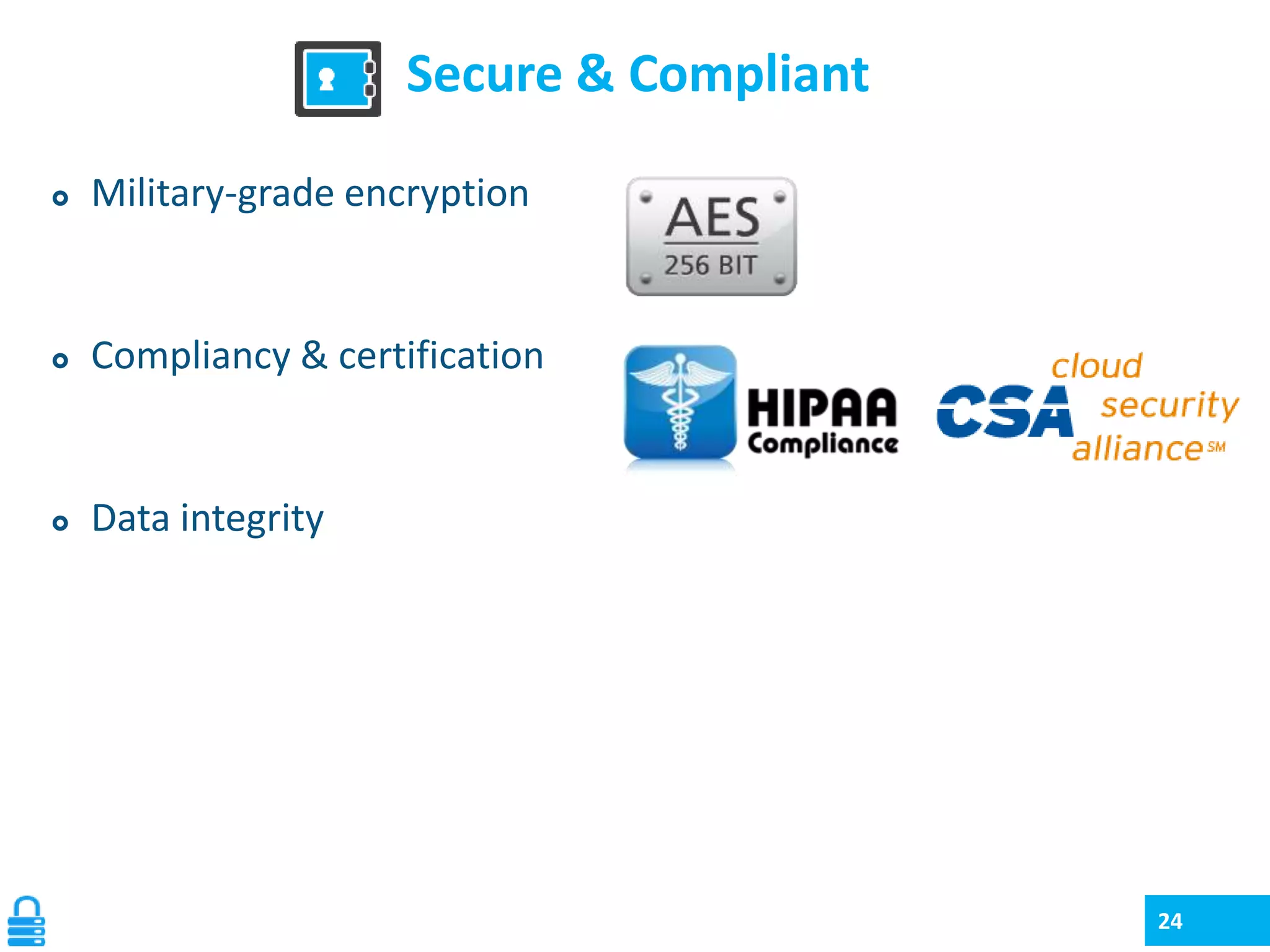 Secure & Compliant


Military-grade encryption



Compliancy & certification



Data integrity

24

 