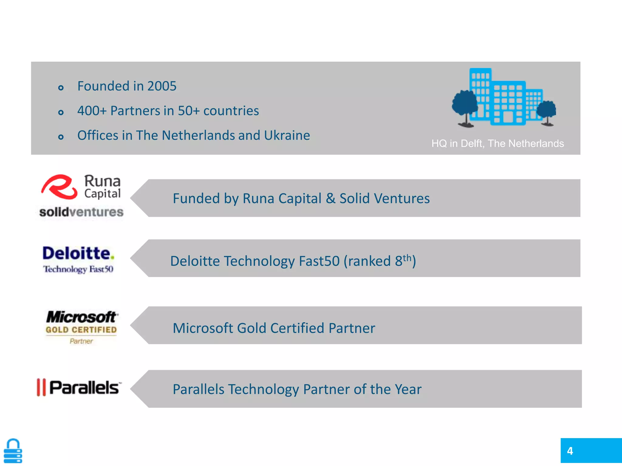 

Founded in 2005



400+ Partners in 50+ countries



Offices in The Netherlands and Ukraine

HQ in Delft, The Netherlands

Funded by Runa Capital & Solid Ventures

Deloitte Technology Fast50 (ranked 8th)

Microsoft Gold Certified Partner

Parallels Technology Partner of the Year

4

 