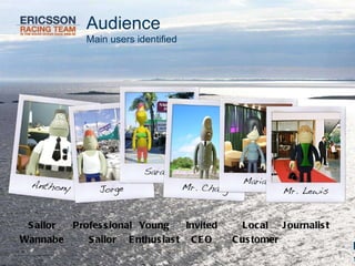 Audience Main users identified Sailor Wannabe Professional Sailor Invited CEO Young Enthusiast Local Customer Journalist 