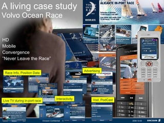 A living case study Volvo Ocean Race HD Mobile Convergence ” Never Leave the Race” Live TV during in-port race Race Info, Position Data Advertising Vod, PodCast Interactivity 