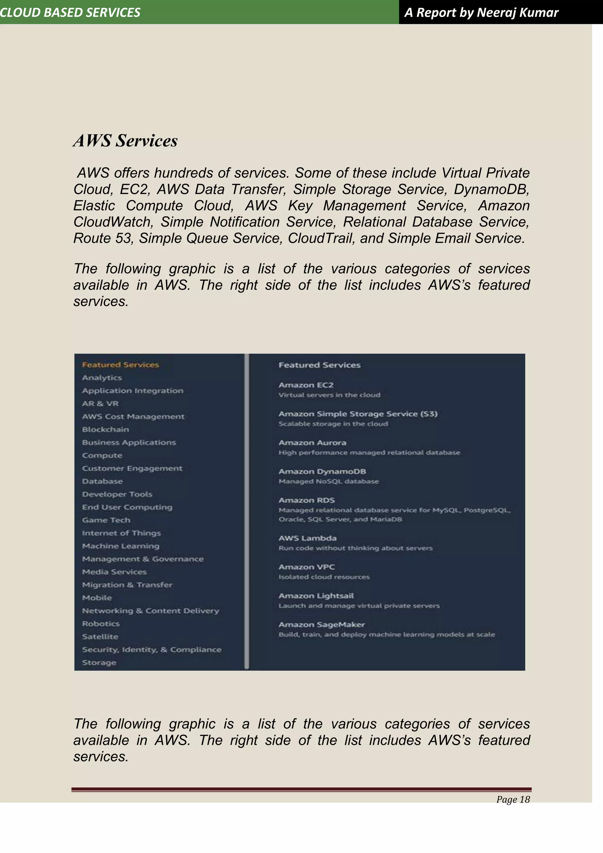 CLOUD BASED SERVICES A Report by Neeraj Kumar
Page 18
AWS Services
AWS offers hundreds of services. Some of these include Virtual Private
Cloud, EC2, AWS Data Transfer, Simple Storage Service, DynamoDB,
Elastic Compute Cloud, AWS Key Management Service, Amazon
CloudWatch, Simple Notification Service, Relational Database Service,
Route 53, Simple Queue Service, CloudTrail, and Simple Email Service.
The following graphic is a list of the various categories of services
available in AWS. The right side of the list includes AWS’s featured
services.
The following graphic is a list of the various categories of services
available in AWS. The right side of the list includes AWS’s featured
services.
 