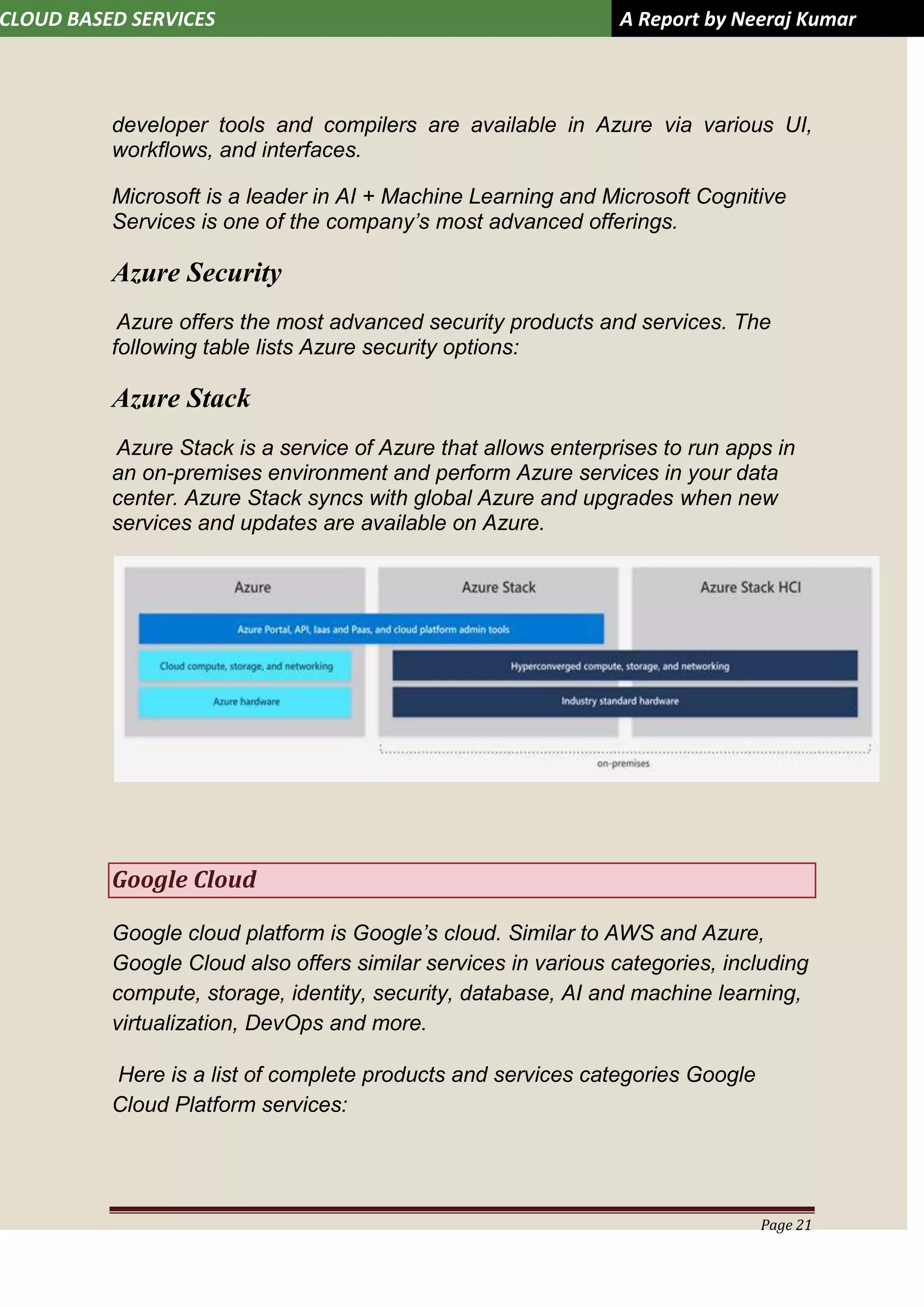 CLOUD BASED SERVICES A Report by Neeraj Kumar
Page 21
developer tools and compilers are available in Azure via various UI,
workflows, and interfaces.
Microsoft is a leader in AI + Machine Learning and Microsoft Cognitive
Services is one of the company’s most advanced offerings.
Azure Security
Azure offers the most advanced security products and services. The
following table lists Azure security options:
Azure Stack
Azure Stack is a service of Azure that allows enterprises to run apps in
an on-premises environment and perform Azure services in your data
center. Azure Stack syncs with global Azure and upgrades when new
services and updates are available on Azure.
Google Cloud
Google cloud platform is Google’s cloud. Similar to AWS and Azure,
Google Cloud also offers similar services in various categories, including
compute, storage, identity, security, database, AI and machine learning,
virtualization, DevOps and more.
Here is a list of complete products and services categories Google
Cloud Platform services:
 