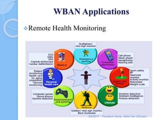 WBAN Applications
Remote Health Monitoring
5/4/2017 Fentahun Yersie , Bahir Dar ,Ethiopia
 