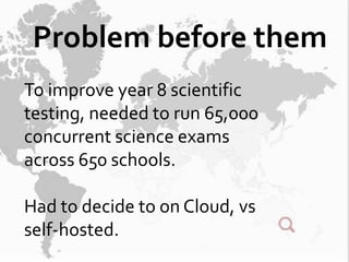 Problem before them
To improve year 8 scientific
testing, needed to run 65,000
concurrent science exams
across 650 schools.

Had to decide to on Cloud, vs
self-hosted.
 