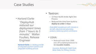• Textron:
– 12 Hour Builds broke Agile Dev
Process
– Reduced the time from build to
deploy to under 1 hour.
• USAA:
• Reduced more than 1000
one-off scripted processes to
11 reusable models.
• Harland Clarke
“DeployHub
reduced our
deployment times
from 7 hours to 5
minutes.” Walter
Foulkes, Release
Engineer
Case Studies
Harland Clarke is a leading provider
of integrated payment solutions and
integrated marketing services Insurance, Banking & Credit Cards.
Better Rates For Military Families.
Diversified manufacturer with interests in
aircraft, industrial and automotive
products, fastening systems and finance.
 