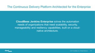 © 2017 CloudBees, Inc. All Rights Reserved. 26
CloudBees Jenkins Enterprise solves the automation
needs of organizations that need scalability, security,
manageability and resiliency capabilities, built on a cloud-
native architecture.
The Continuous Delivery Platform Architected for the Enterprise
 