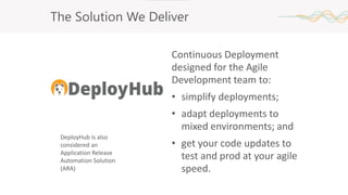 The Solution We Deliver
Continuous Deployment
designed for the Agile
Development team to:
• simplify deployments;
• adapt deployments to
mixed environments; and
• get your code updates to
test and prod at your agile
speed.
DeployHub is also
considered an
Application Release
Automation Solution
(ARA)
 