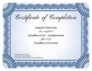 Certificate of Completion
HARUN PEHLİVAN
has completed
CloudBees Core - Fundamentals
offered by
CloudBees University
Issued: December 6, 2020
Certificate No: pezfsdu9mnty
View: https://verify.skilljar.com/c/pezfsdu9mnty
 