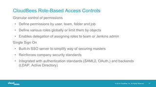 © 2018 CloudBees, Inc. All Rights Reserved. 21
CloudBees Role-Based Access Controls
Granular control of permissions
• Define permissions by user, team, folder and job
• Define various roles globally or limit them by objects
• Enables delegation of assigning roles to team or Jenkins admin
Single Sign On
• Built-in SSO server to simplify way of securing masters
• Reinforces company security standards
• Integrated with authentication standards (SAML2, OAuth,) and backends
(LDAP, Active Directory)
 