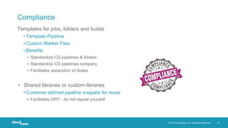 © 2018 CloudBees, Inc. All Rights Reserved. 23
Compliance
Templates for jobs, folders and builds
• Template Pipeline
• Custom Marker Files
• Benefits
▸ Standardize CD pipelines & folders
▸ Standardize CD pipelines company
▸ Facilitates separation of duties
• Shared libraries or custom libraries
• Customer defined pipeline snippets for reuse
▸ Facilitates DRY - do not repeat yourself
 