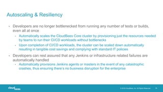 © 2018 CloudBees, Inc. All Rights Reserved. 24
Autoscaling & Resiliency
• Developers are no longer bottlenecked from running any number of tests or builds,
even all at once
• Automatically scales the CloudBees Core cluster by provisioning just the resources needed
by teams to run their CI/CD workloads without bottlenecks
• Upon completion of CI/CD workloads, the cluster can be scaled down automatically
resulting in tangible cost savings and complying with standard IT policies
• Developers can rest assured that any Jenkins or infrastructure related failures are
automatically handled
• Automatically provisions Jenkins agents or masters in the event of any catastrophic
crashes, thus ensuring there’s no business disruption for the enterprise
 