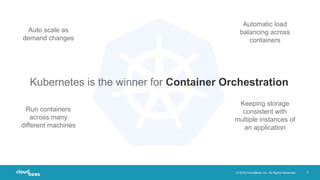 © 2018 CloudBees, Inc. All Rights Reserved. 5
Kubernetes is the winner for Container Orchestration
Run containers
across many
different machines
Auto scale as
demand changes
Automatic load
balancing across
containers
Keeping storage
consistent with
multiple instances of
an application
 