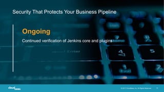 © 2017 CloudBees, Inc. All Rights Reserved. 13
Security That Protects Your Business Pipeline
s
Continued verification of Jenkins core and plugins
Ongoing
 