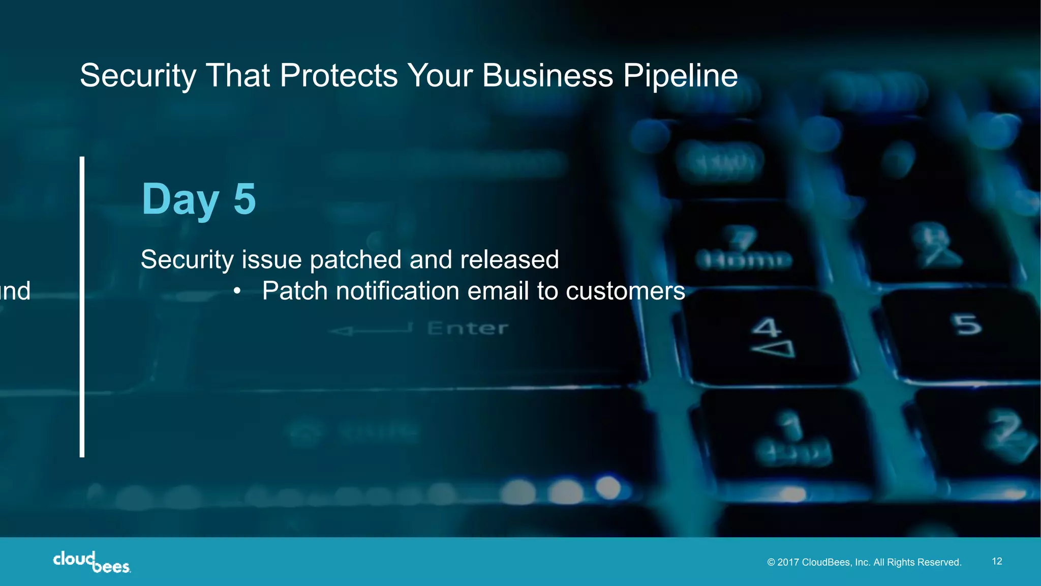 © 2017 CloudBees, Inc. All Rights Reserved. 12
Security That Protects Your Business Pipeline
und
s
Security issue patched and released
• Patch notification email to customers
Day 5
 
