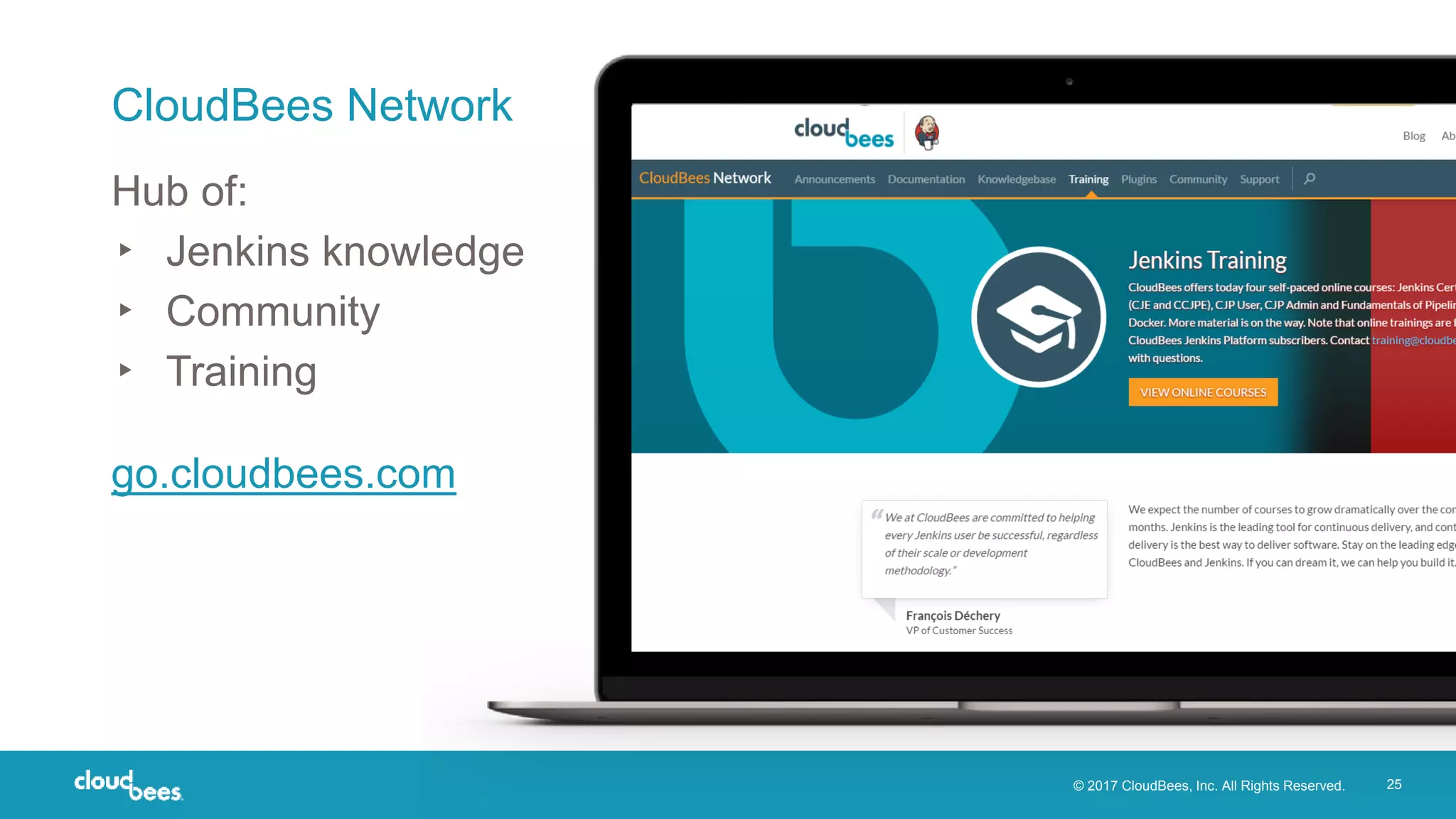 © 2017 CloudBees, Inc. All Rights Reserved. 25
CloudBees Network
Hub of:
▸ Jenkins knowledge
▸ Community
▸ Training
go.cloudbees.com
 