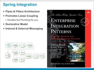 Spring Integration
§ Pipes & Filters Architecture
§ Promotes Loose Coupling
 • Handles the Plumbing for you
§ Declarative Model
§ Internal & External Messaging
 