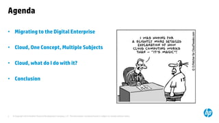 © Copyright 2014 Hewlett-Packard Development Company, L.P. The information contained herein is subject to change without notice. 
2 
Agenda 
•Migrating to the Digital Enterprise 
•Cloud, One Concept, Multiple Subjects 
•Cloud, what do I do with it? 
•Conclusion  