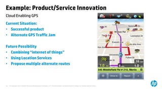 © Copyright 2013 Hewlett-Packard Development Company, L.P. The information contained herein is subject to change without notice.10
Cloud Enabling GPS
Example: Product/Service Innovation
Current Situation:
• Successful product
• Alternate GPS Traffic Jam
Future Possibility
• Combining “internet of things”
• Using Location Services
• Propose multiple alternate routes
 