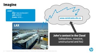 © Copyright 2013 Hewlett-Packard Development Company, L.P. The information contained herein is subject to change without notice.29
www.verstraete.chr.cx
John’s context in the Cloud
(ubiquitous, massive,
unstructured and his)
Imagine
LAX
event<.....
film:“ jean de florette”,
edit: VS2010
frame: 5658, ...
>
 