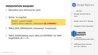 © Copyright 2015 – Keyrus 9
PRÉSENTATION BIGQUERY
• Décorateur pour diminuer les coûts
• @time : le snapshot
• TABLE_DATE_RANGE(prefix, timestamp1, timestamp2)
• TABLE_QUERY(dateset, expr) 'table_id CONTAINS "oo" AND
length(table_id) >= 4')
Les cout
∕ Stockage : $0.020 per GB, per
month
∕ Requête : $5 per TB (1er TB gratuit)
∕ Chargement / Copie / Export gratuit
Les cout
∕ 750 heures gratuites pendant 2 Mois
∕ 0,25$/heure/node au moins cher
pour 2 cpu / 15gb Ram /
 