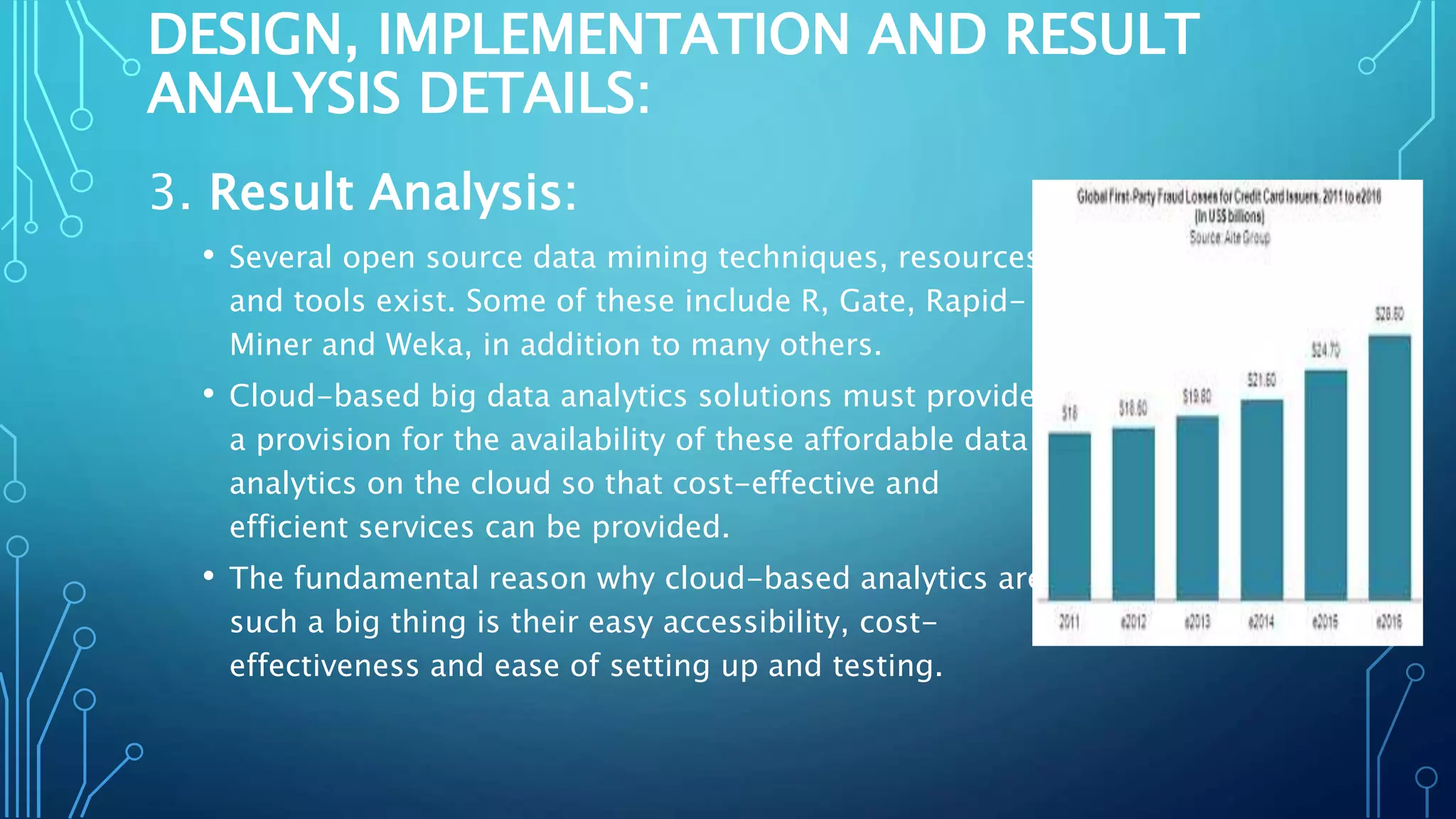 DESIGN, IMPLEMENTATION AND RESULT
ANALYSIS DETAILS:
3. Result Analysis:
• Several open source data mining techniques, resources
and tools exist. Some of these include R, Gate, Rapid-
Miner and Weka, in addition to many others.
• Cloud-based big data analytics solutions must provide
a provision for the availability of these affordable data
analytics on the cloud so that cost-effective and
efficient services can be provided.
• The fundamental reason why cloud-based analytics are
such a big thing is their easy accessibility, cost-
effectiveness and ease of setting up and testing.
 