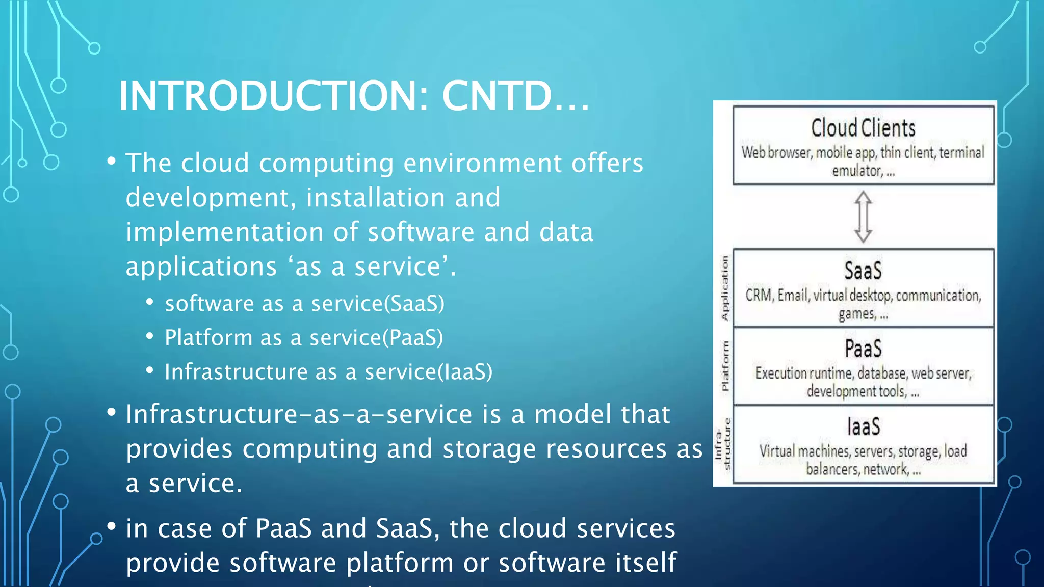 INTRODUCTION: CNTD…
• The cloud computing environment offers
development, installation and
implementation of software and data
applications ‘as a service’.
• software as a service(SaaS)
• Platform as a service(PaaS)
• Infrastructure as a service(IaaS)
• Infrastructure-as-a-service is a model that
provides computing and storage resources as
a service.
• in case of PaaS and SaaS, the cloud services
provide software platform or software itself
 