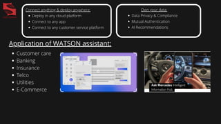 Application of WATSON assistant:
Customer care
Banking
Insurance
Telco
Utilities
E-Commerce
Deploy in any cloud platform
Connect to any app
Connect to any customer service platform
Connect anything & deploy anywhere:
Data Privacy & Compliance
Mutual Authentication
AI Recommendations
Own your data:
 