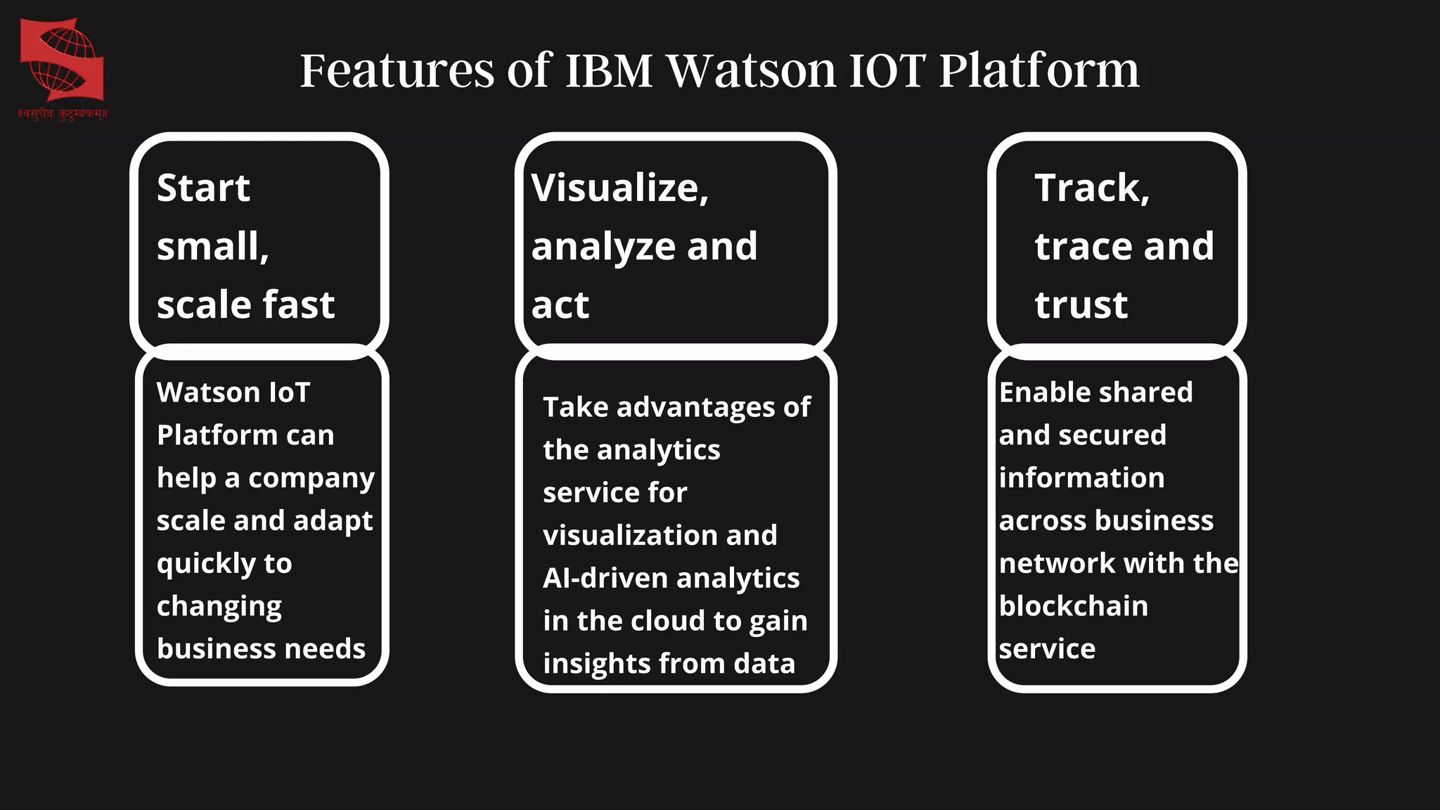 Features of IBM Watson IOT Platform
Start
small,
scale fast
Visualize,
analyze and
act
Track,
trace and
trust
Watson IoT
Platform can
help a company
scale and adapt
quickly to
changing
business needs
Take advantages of
the analytics
service for
visualization and
AI-driven analytics
in the cloud to gain
insights from data
Enable shared
and secured
information
across business
network with the
blockchain
service
 