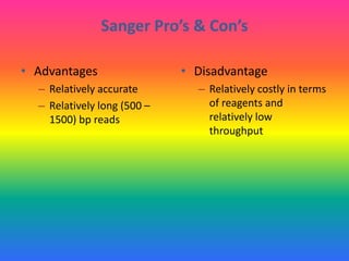 Sanger Pro’s & Con’s
• Advantages
– Relatively accurate
– Relatively long (500 –
1500) bp reads
• Disadvantage
– Relatively costly in terms
of reagents and
relatively low
throughput
 