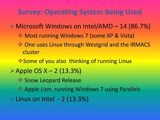 Survey: Operating System Being Used
Microsoft Windows on Intel/AMD – 14 (86.7%)
 Most running Windows 7 (some XP & Vista)
 One uses Linux through Westgrid and the IRMACS
cluster
Some of you also thinking of running Linux
Apple OS X – 2 (13.3%)
 Snow Leopard Release
 Apple Lion, running Windows 7 using Parallels
Linux on Intel - 2 (13.3%)
 